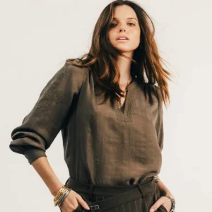 Blouse jacquard brodée de perles bronze doré pour femme