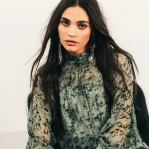 Blouse voile imprimé jade col montant avec débardeur femme