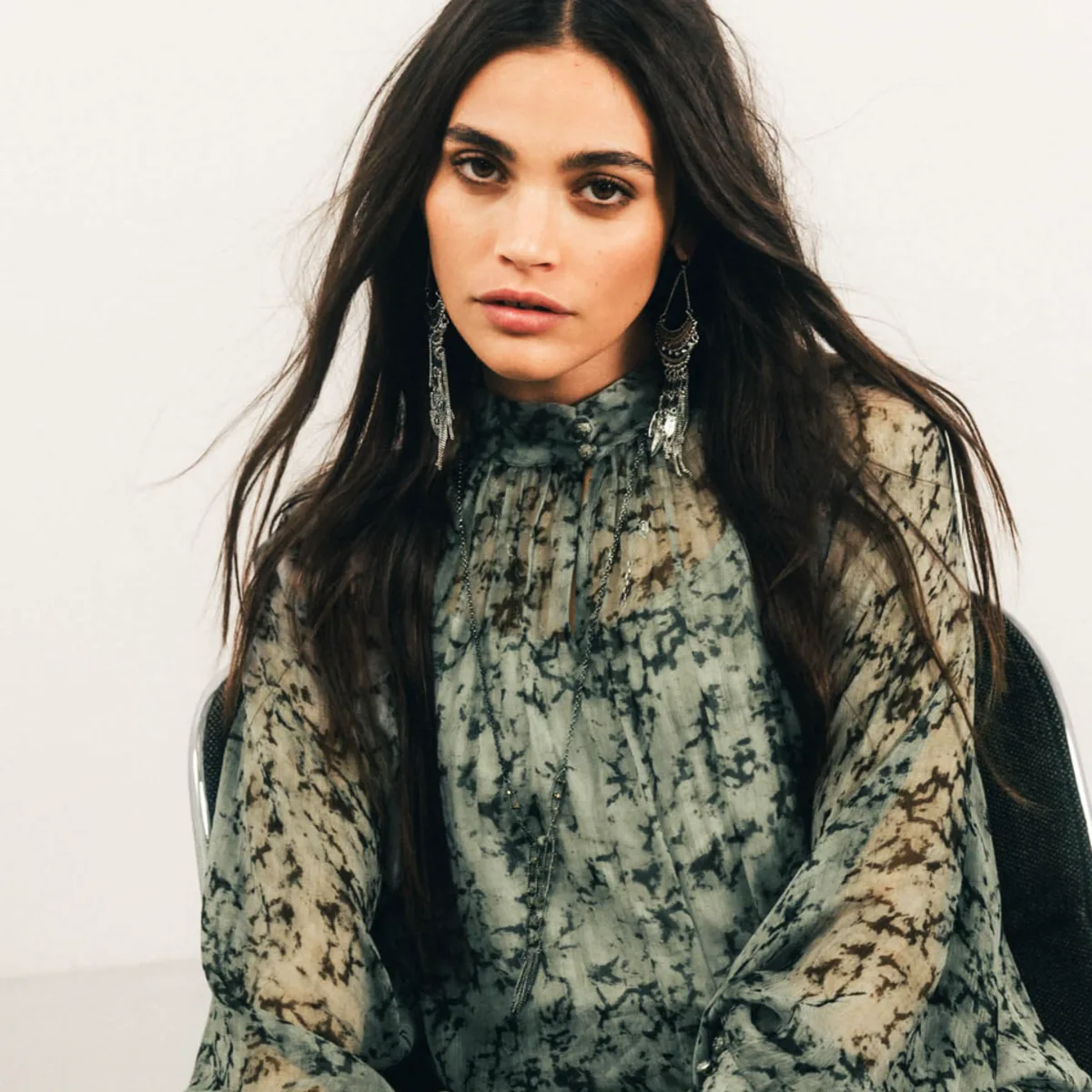 Blouse voile imprimé jade col montant avec débardeur femme