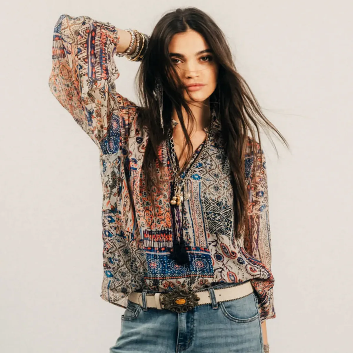 Blouse bleue imprimée patchwork bohème pour femme