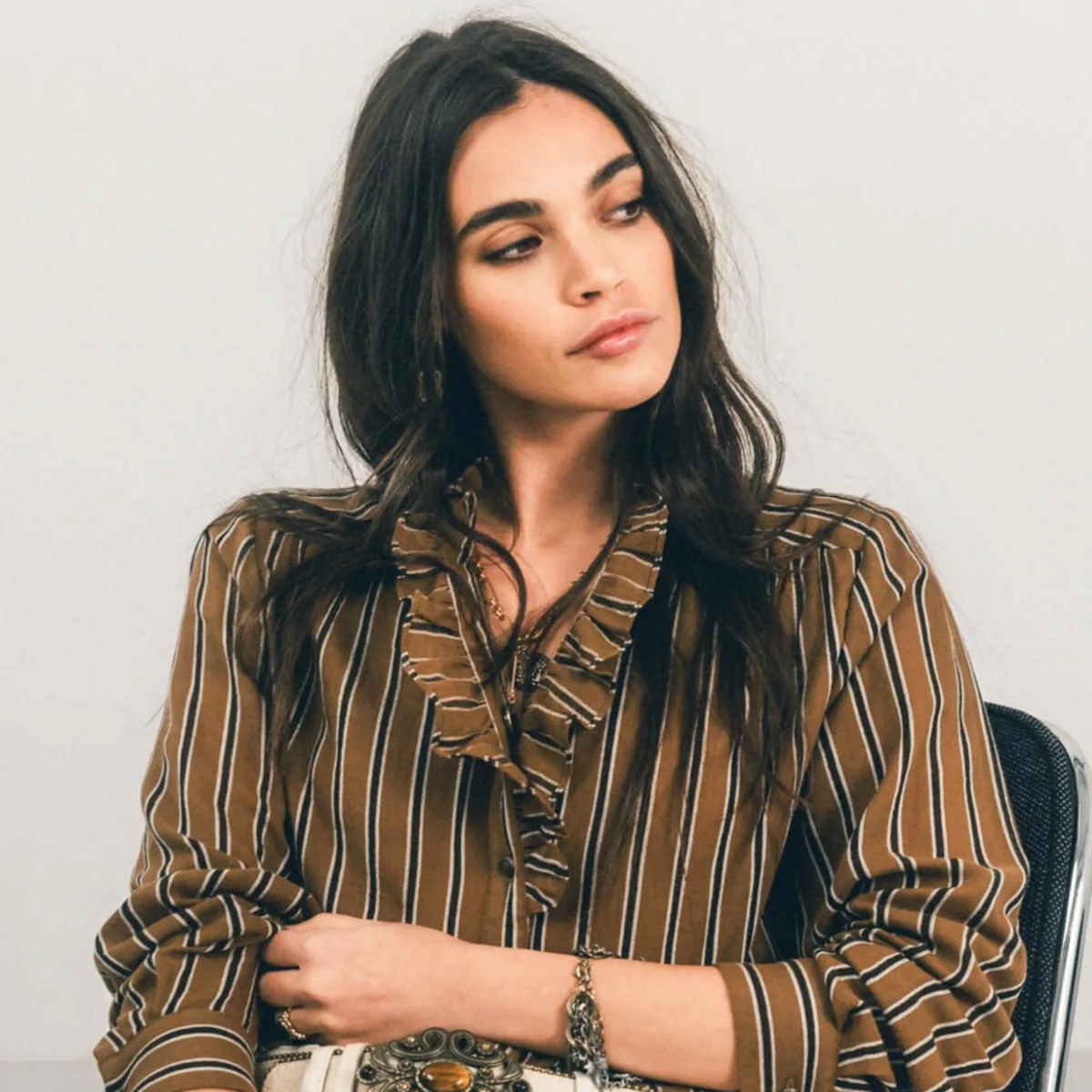 Blouse rayée volantée caramel pour femme
