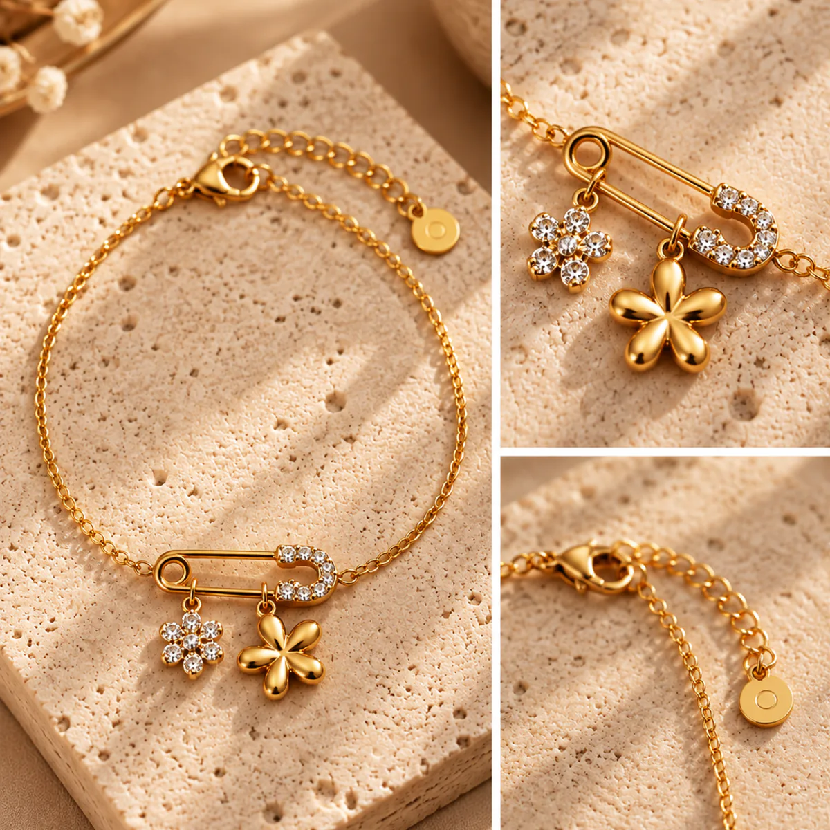 Bracelet Floréal – Épingle et Fleurs Dorées – Image 2
