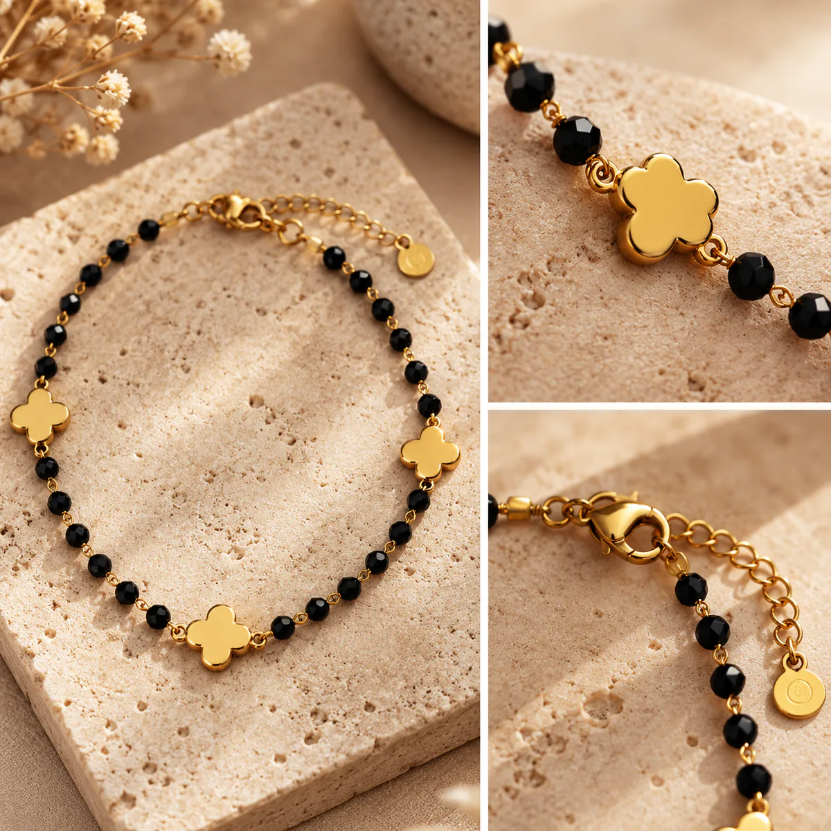 Bracelet Trèfle d’Or – Perles Noires – Image 2