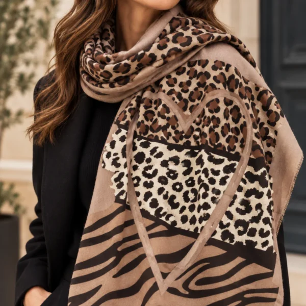 foulard imprimé animalier taupe en viscose et laine. format 110 × 100 cm.