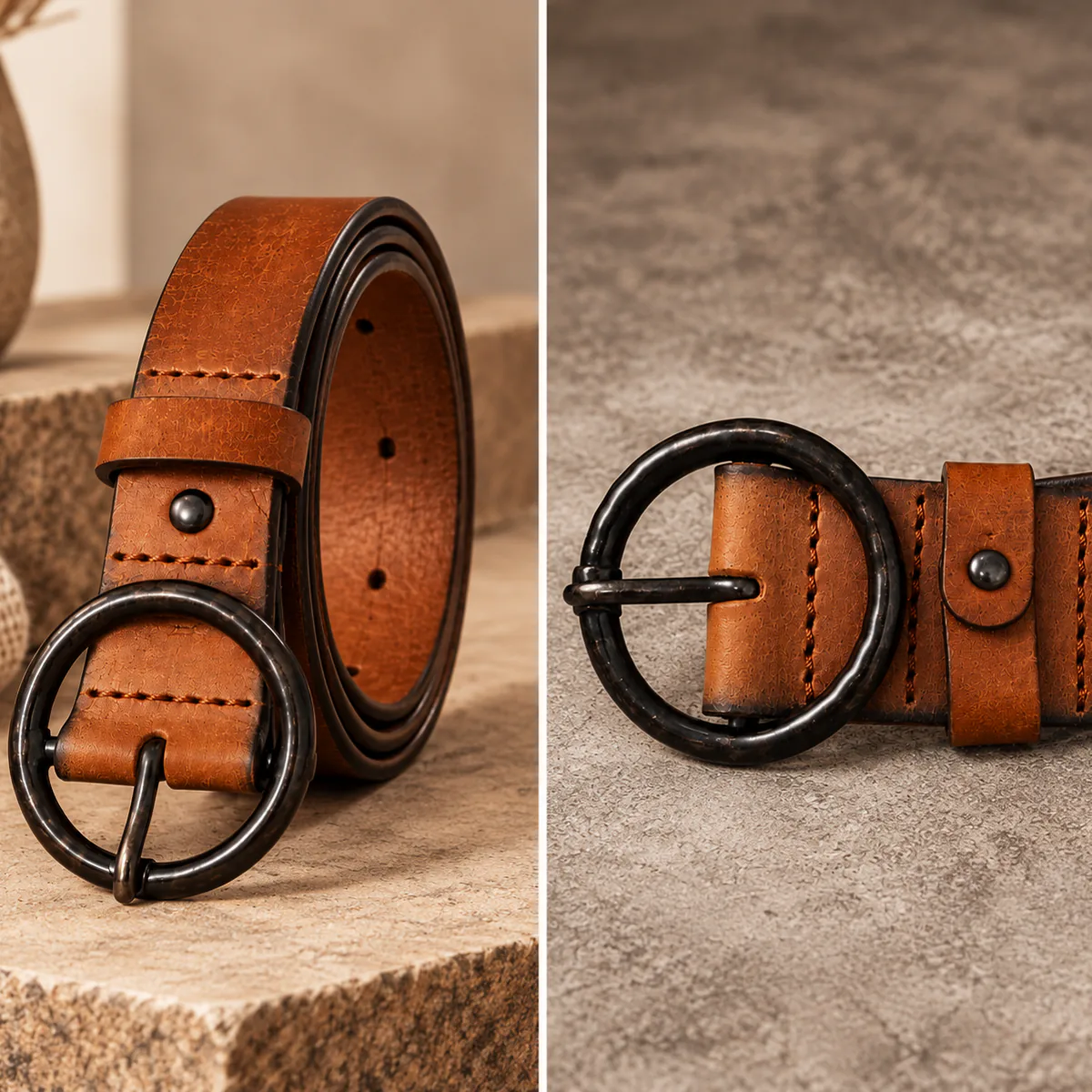 CEINTURE CUIR CAMEL A BOUCLE RONDE