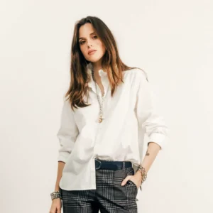Chemise blanche à col volanté en popeline pour femme