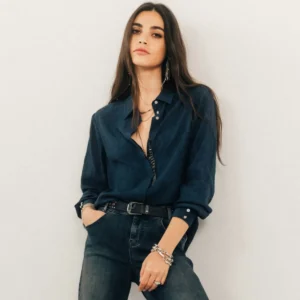 Chemise jacquard satinée bleue pour femme