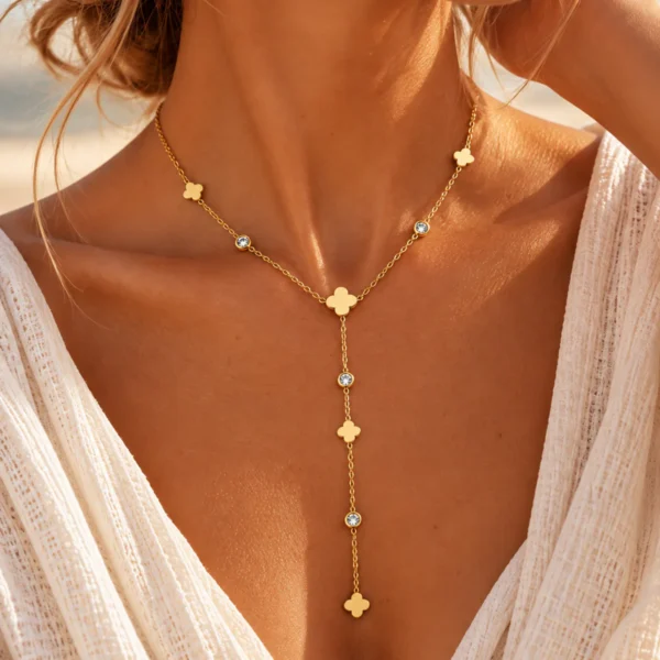 Collier doré Chance en Y avec trèfles et zircons