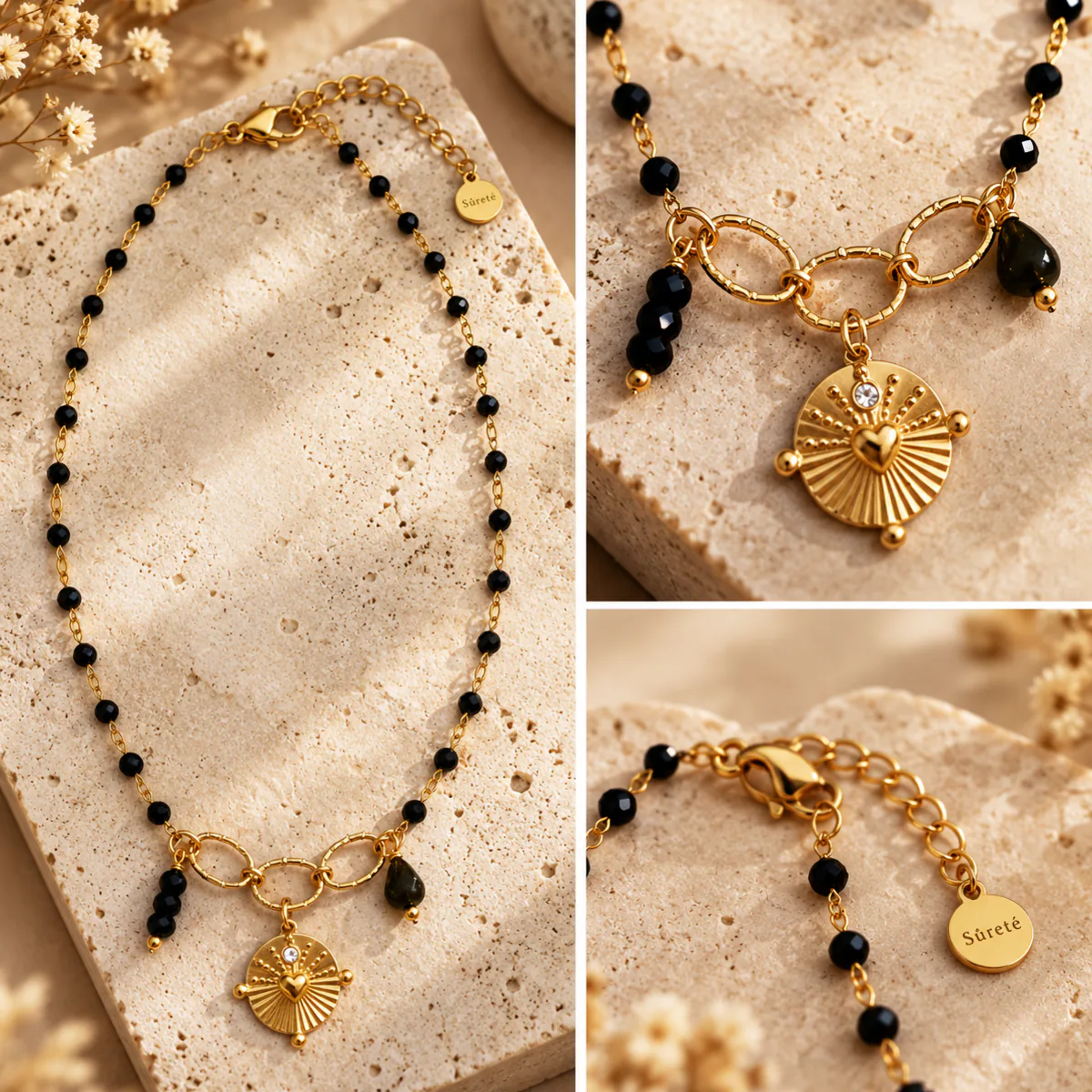 Collier perles noires pendentif rond – Image 2