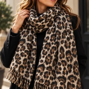Écharpe à imprimé léopard en viscose et laine, coloris taupe. Une pièce taille unique à porter avec élégance, pour les journées qui méritent du caractère.