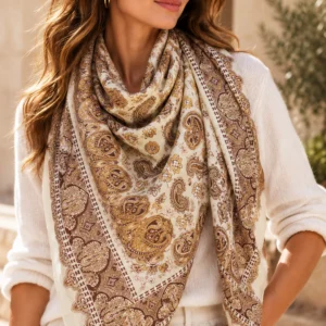 foulard beige femme en coton et viscose, un accessoire imprimé doux et tendance pour compléter vos looks d’automne-hiver.