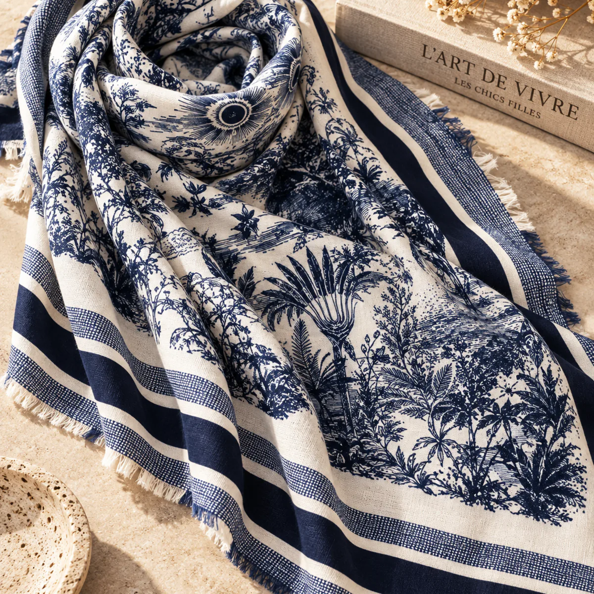 Grand foulard carré femme motif Toile de Jouy bleu – 140 x 140 cm – Image 2
