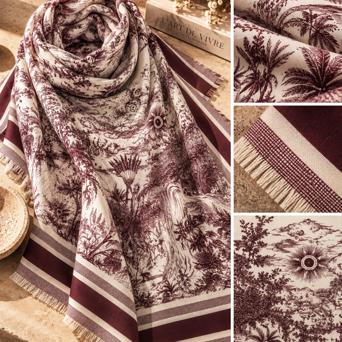 Grand foulard carré femme motif Toile de Jouy bordeaux - 140 X 140 – Image 2