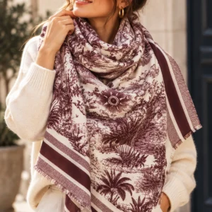 Grand foulard carré femme Toile de Jouy bordeaux