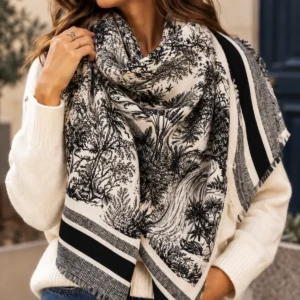 Grand foulard carré femme Toile de Jouy noir 140 x 140 cm