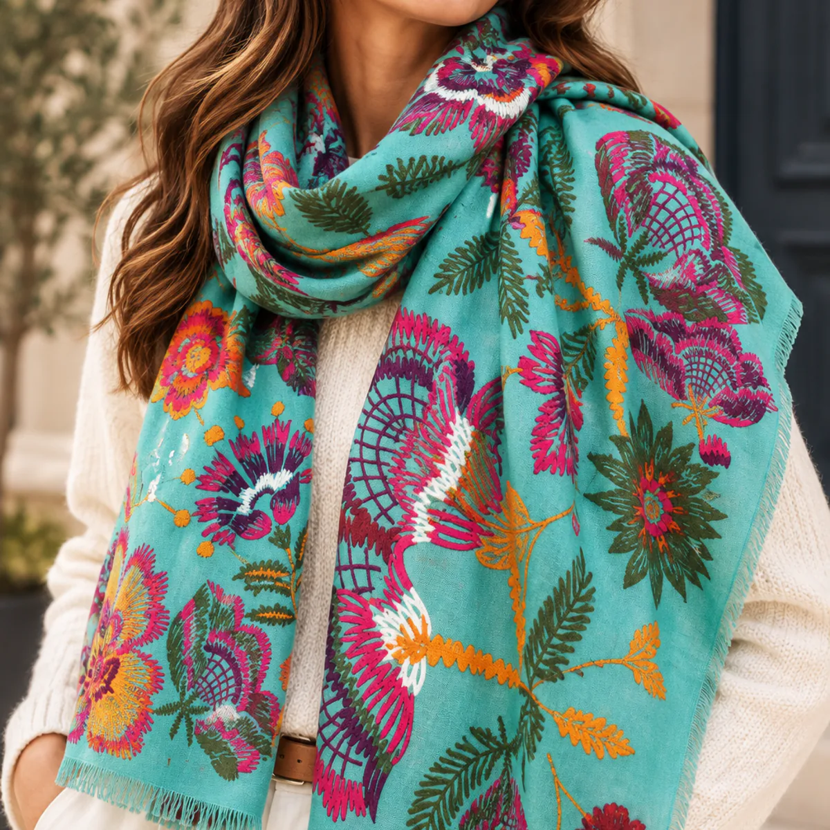 foulard fleuri pour femme, confectionné en coton et viscose. Doux et élégant, il complète facilement chaque tenue.