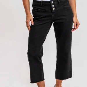 Jean bootcut cropped noir avec braguette boutonnée