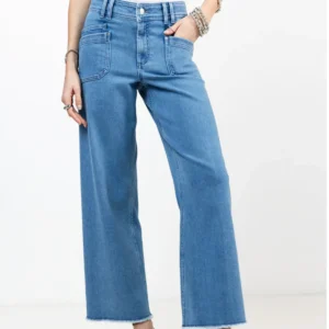 Jean wide leg bleu clair taille haute bas frangé