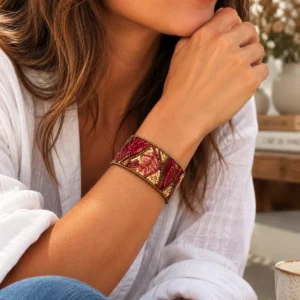 Parce que ses couleurs changent du noir sans devenir difficiles à porter. On adore le mélange grenat, kaki et doré, hyper sympa avec un jean. Elle suffit à donner du caractère à une chemise ou une jolie maille. Un bracelet, beaucoup d’effet, et le look est terminé
