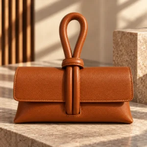 Pochette cuir véritable Togo camel avec bandoulière réglable et fermeture nœud décoratif