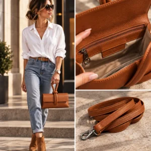 pochette cuir véritable Togo cognac avec bandoulière. Ce modèle compact s'adapte à la main ou en bandoulière. La fermeture nœud ajoute un détail chic. L'intérieur sécurisé avec zip protège vos objets. Le cuir italien doux et résistant assure une tenue durable