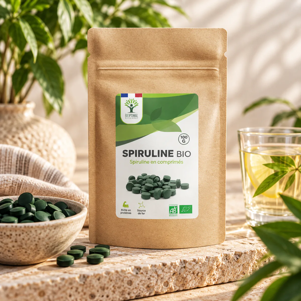 Spiruline Bio en Comprimés, riche en protéines végétales. Une formule pure, sans additif, conditionnée en France et facile à emporter.