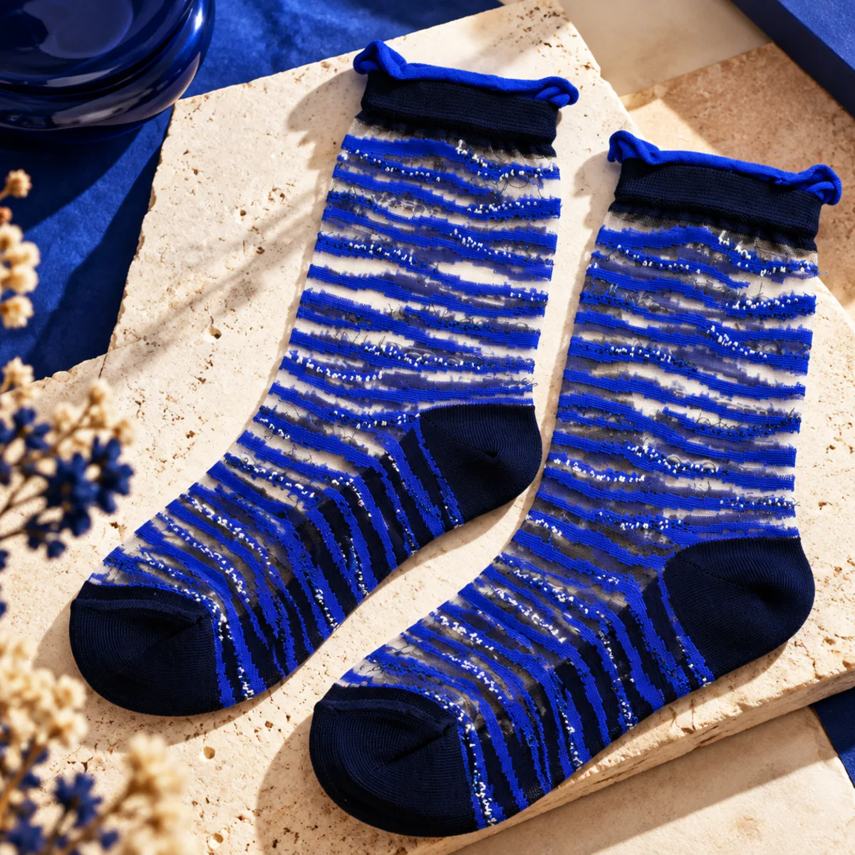 Oresund Bleu • Chaussettes transparentes zèbre femme