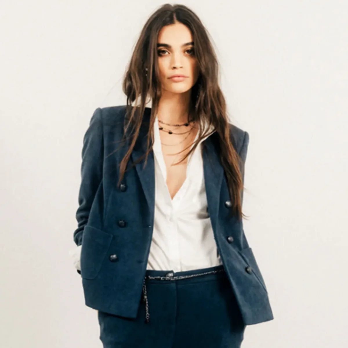 Veste bleue en velours double boutonnage pour femme