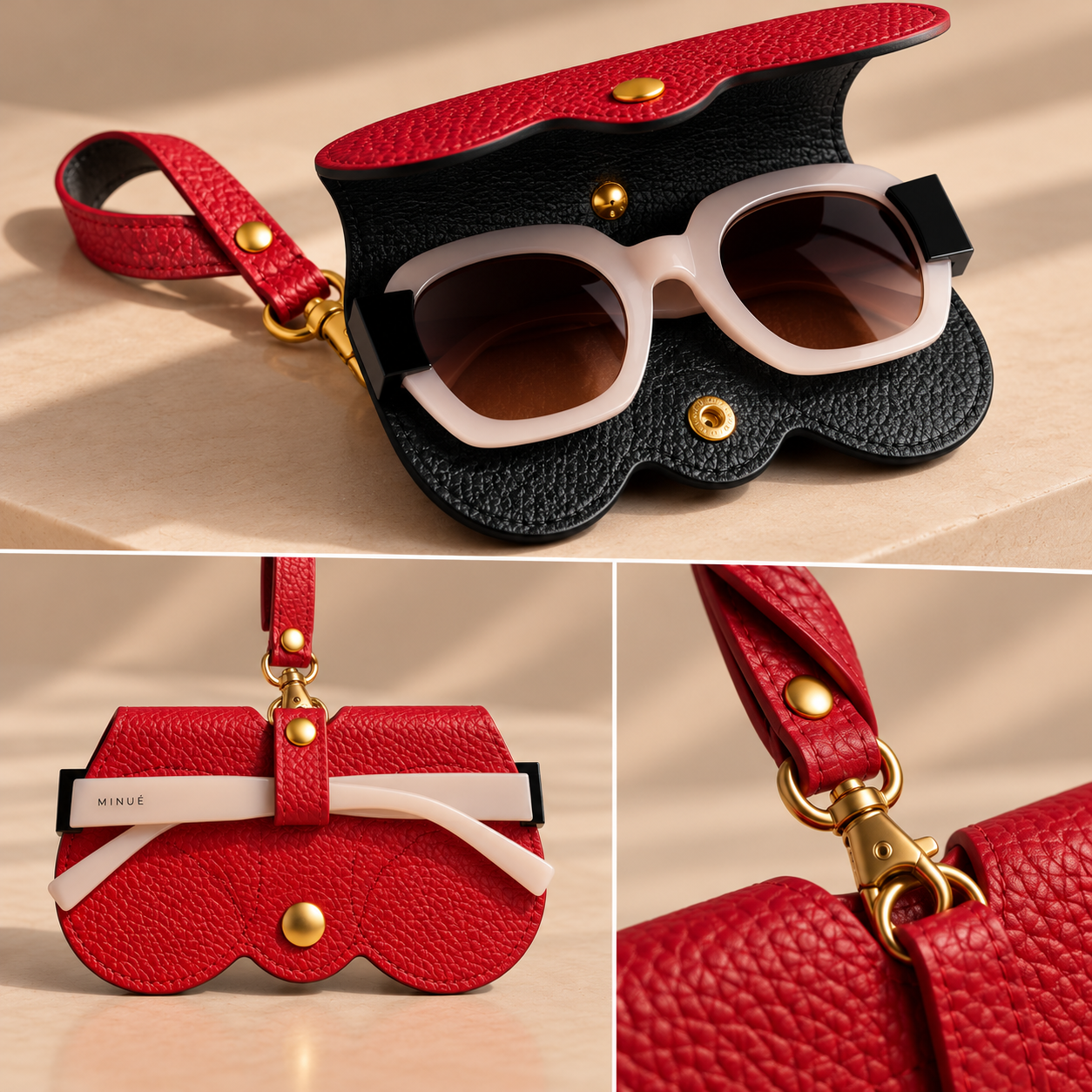 Vue intérieure du porte-lunettes rouge en cuir de vachette avec doublure intérieure