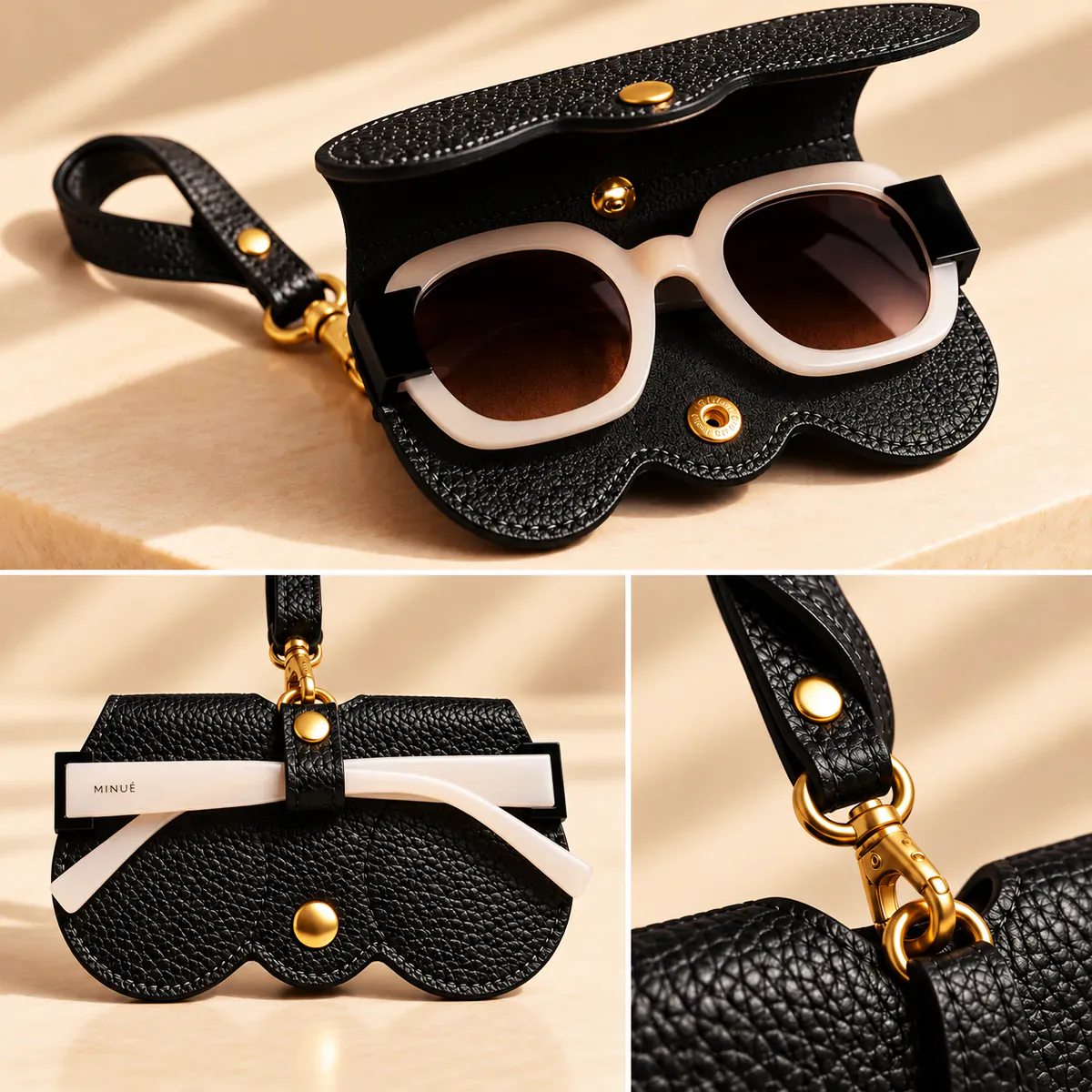Porte-lunettes noir en cuir véritable, fabrication italienne, dimensions 15 × 8 × 1 cm
