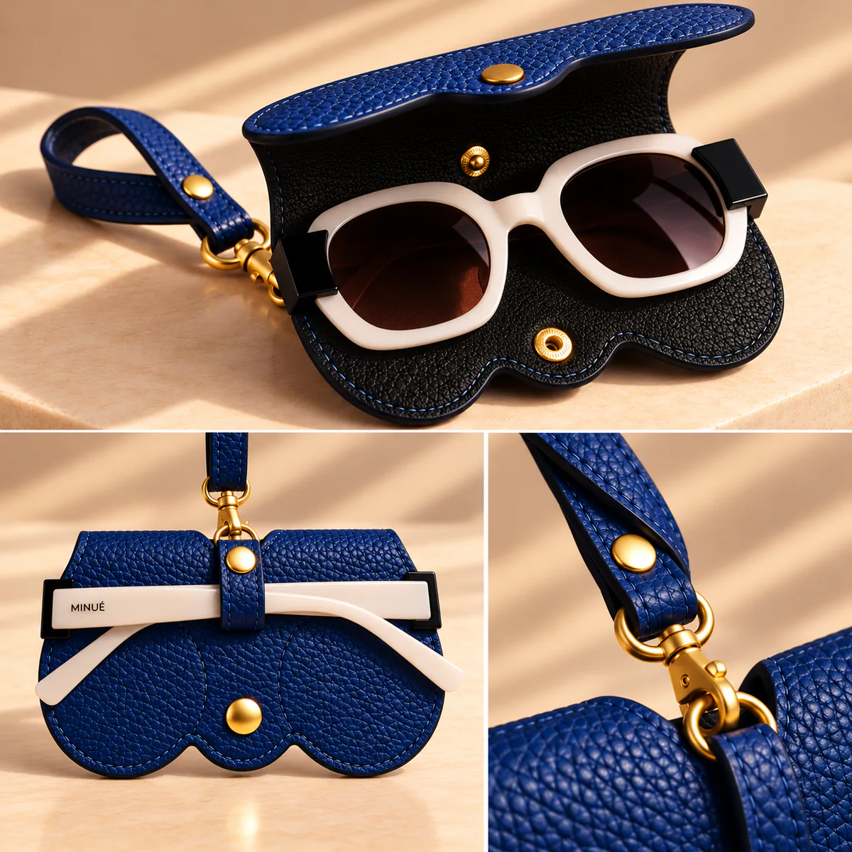 Vue intérieure du porte-lunettes en cuir bleu marine de fabrication italienne