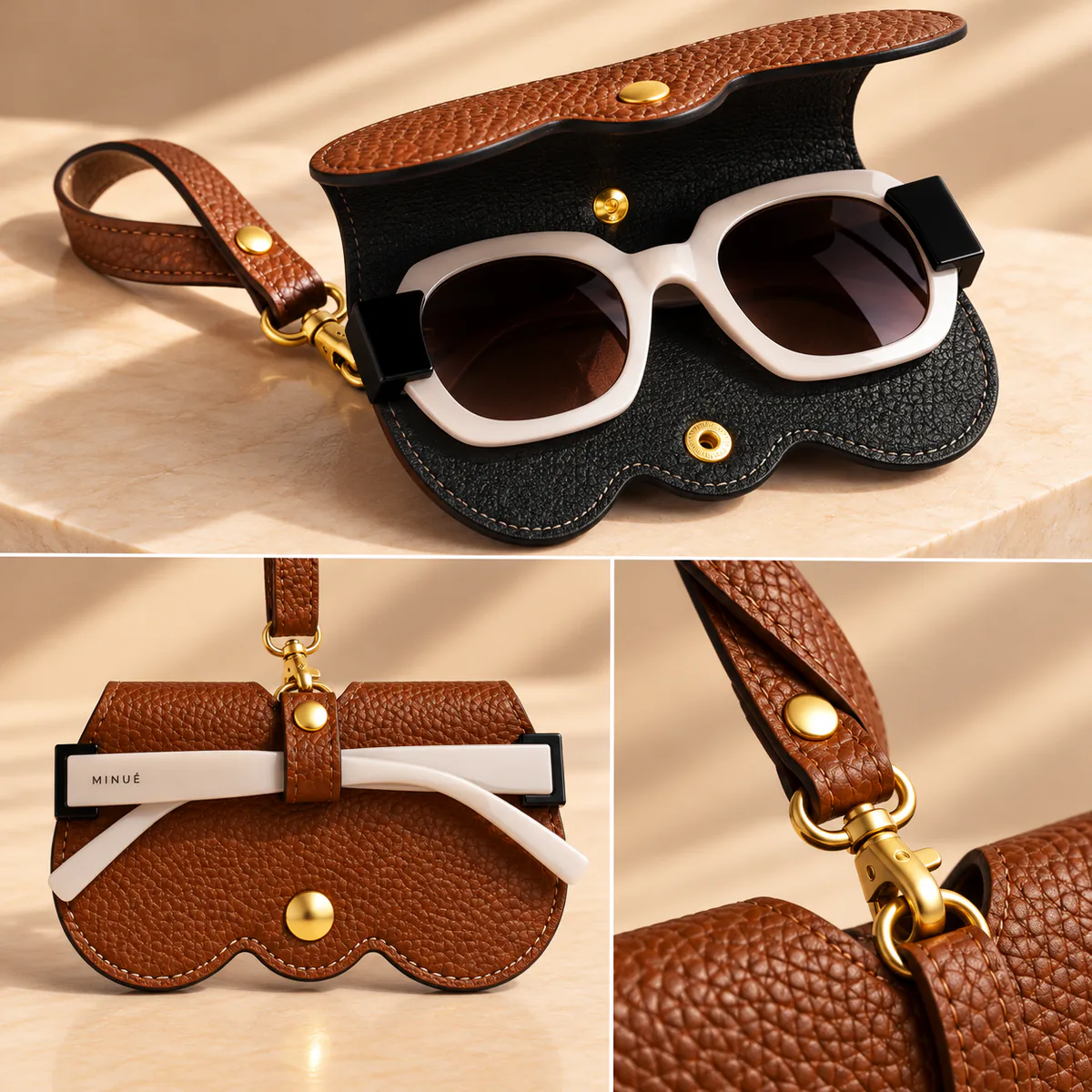 Vue intérieure du porte-lunettes en cuir camel de fabrication italienne