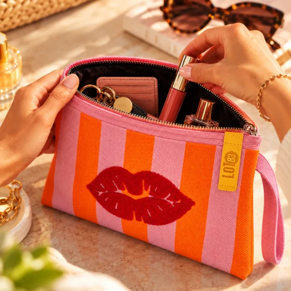 Pochette rayée rose orange Kiss Me bouche rouge