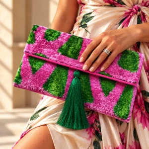 Pochette Palm Springs Rose et Verte en Velours de Soie