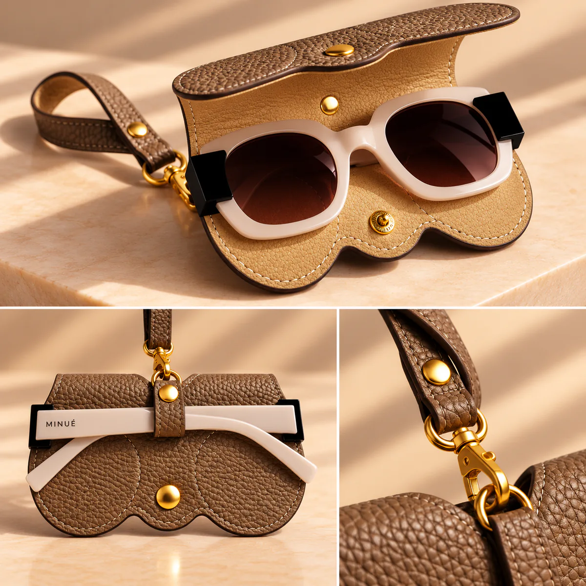 Vue intérieure du porte-lunettes en cuir taupe de fabrication italienne