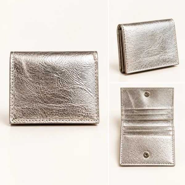 Porte-cartes en cuir de vachette argenté irisé fabriqué en Italie