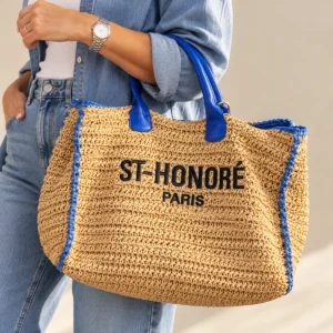 Sac cabas tressé Riviera taupe et bleu jean
